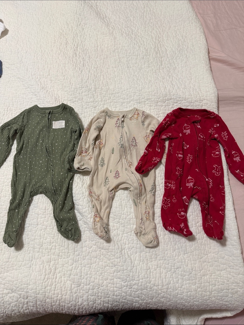 cloud island Three-Pack Footed One-Pieces in Olive, Cream, and Red